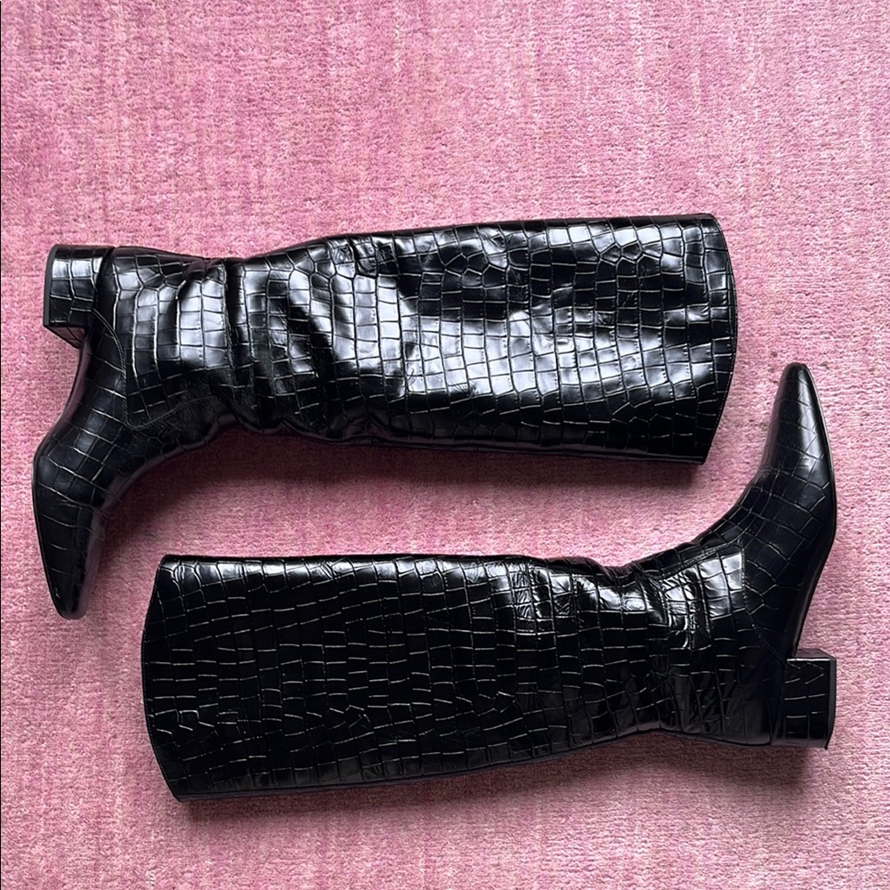 J. Crew Black Over the Knee Boots with Croc-Embossed Texture